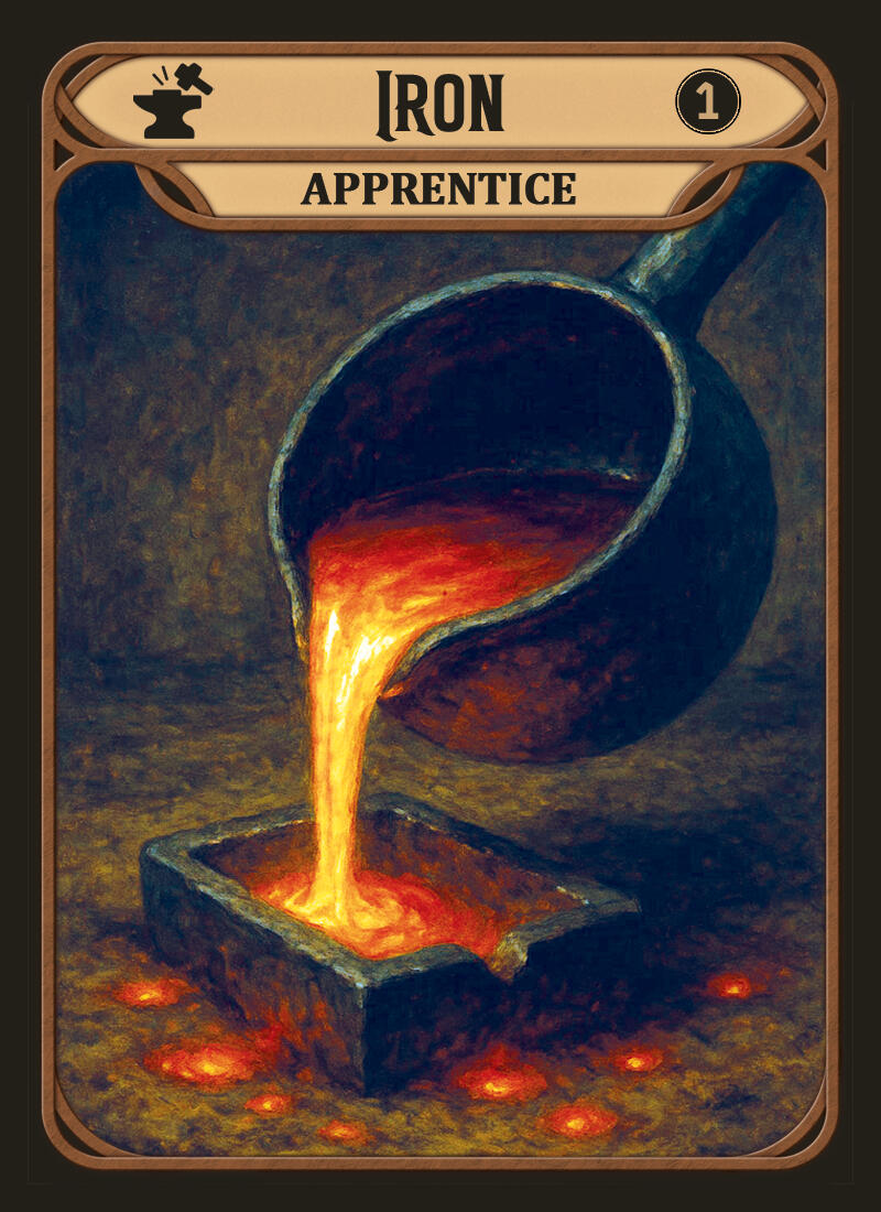A resource card for Iron, which is an Apprentice-tier resource for Blacksmiths