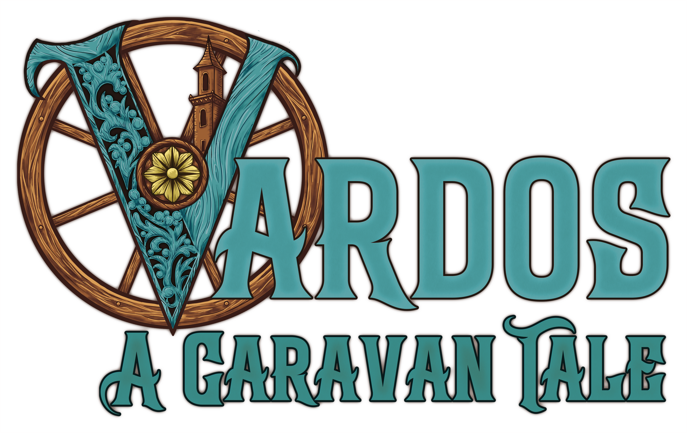 The logo for Vardos: A Caravan Tale, which features a wagon wheel and ornately carved & painted wooden V
